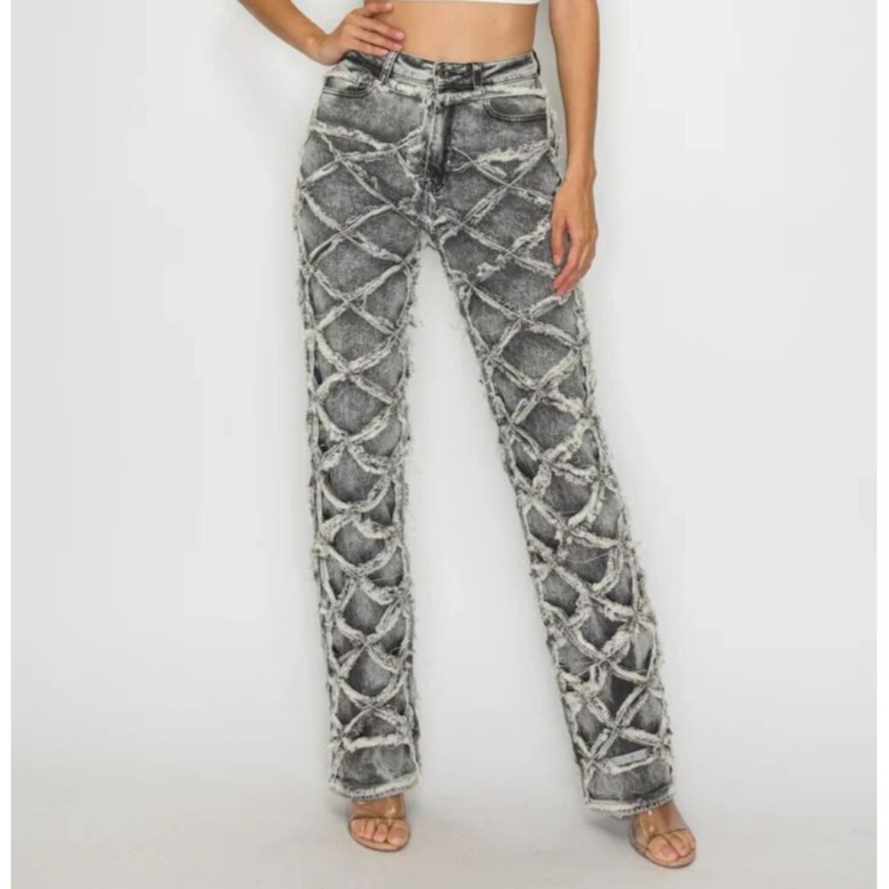 Aphrodite Womens Gray High Rise Contrast Lattice Fray Jeans size Large 30